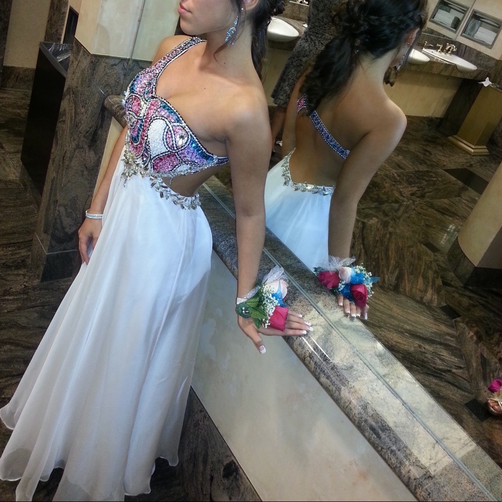 Terani Couture White Jeweled Formal Gown